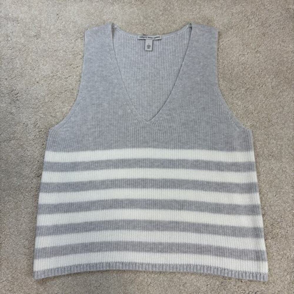 Cotton By Autumn Cashmere V-Neck Gray White Stripe Knit Vest Size L